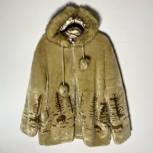 Vintage Northern Lifestyles Satin Lined Faux Fur Hooded Coat W Forest Scene XL